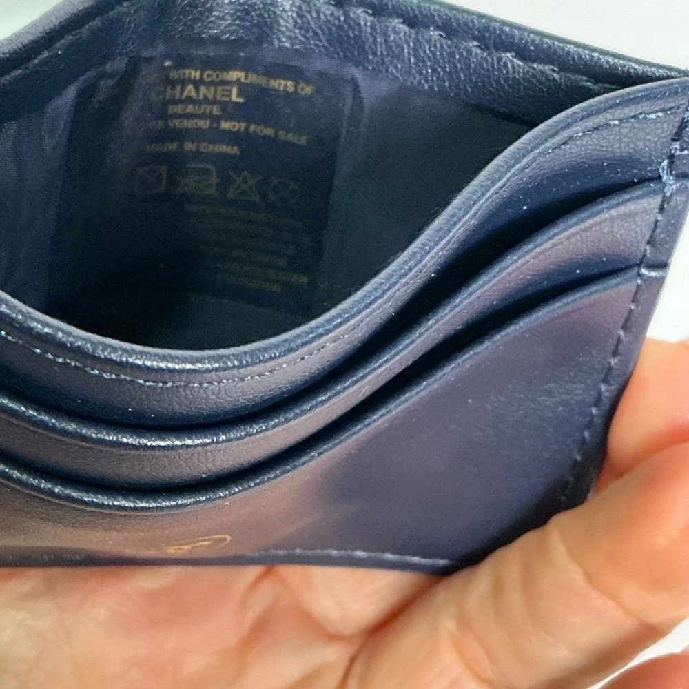 CHANEL Dark Blue Credit Card Holder Wallet Gold Logo Limited Edition